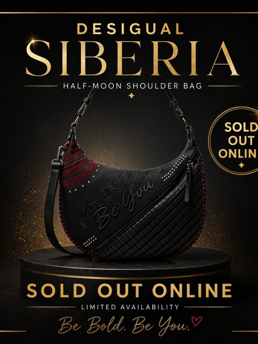 Desigual Siberia Black Half Moon Shoulder Bag Studded Embroidered Crossbody $310